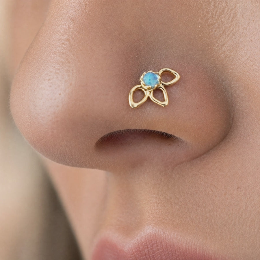 Gold Lotus Nose Stud, Solid 14K Gold Flower Nose Ring, Turquoise Enamel Nose Piercing, Handmade Floral Nose Stud, Botanical Jewelry