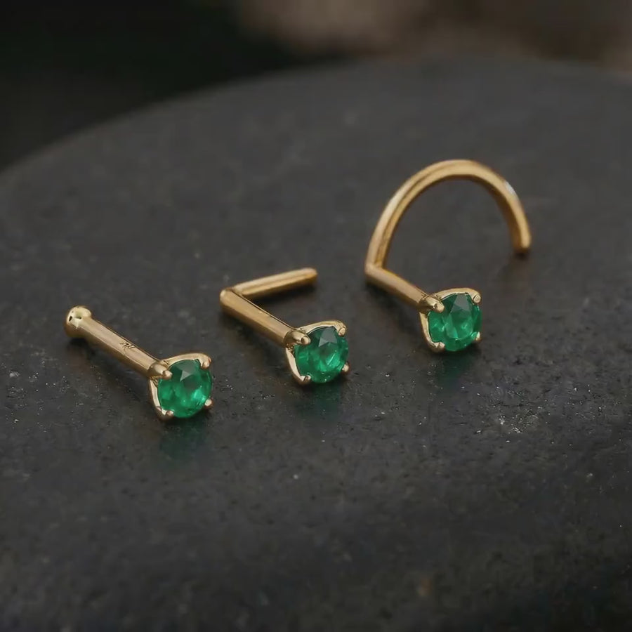 Emerald Nose Stud | Natural Gemstone Jewelry - Solid Gold Nose Stud with Secure Prong Setting