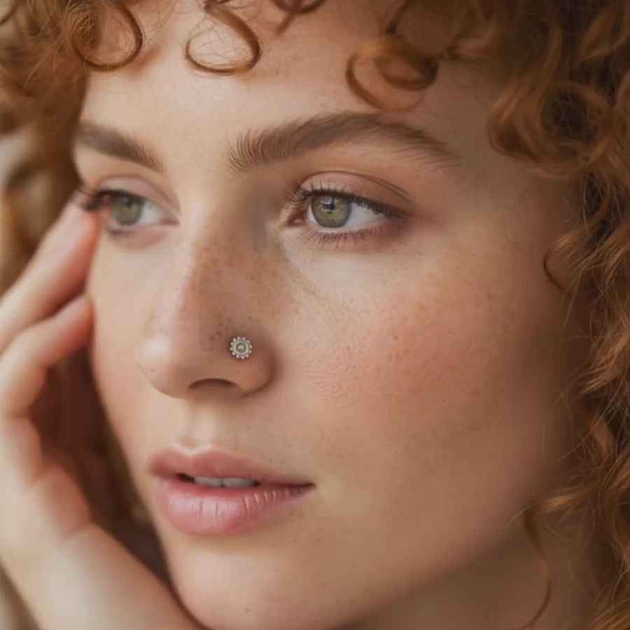 White Gold Nose Stud – Solid 14K Handmade Tribal Sun Jewelry Design