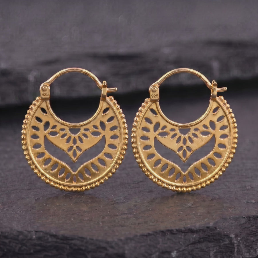 Gold Boho Mandala Hoop Earrings — Vermeil
