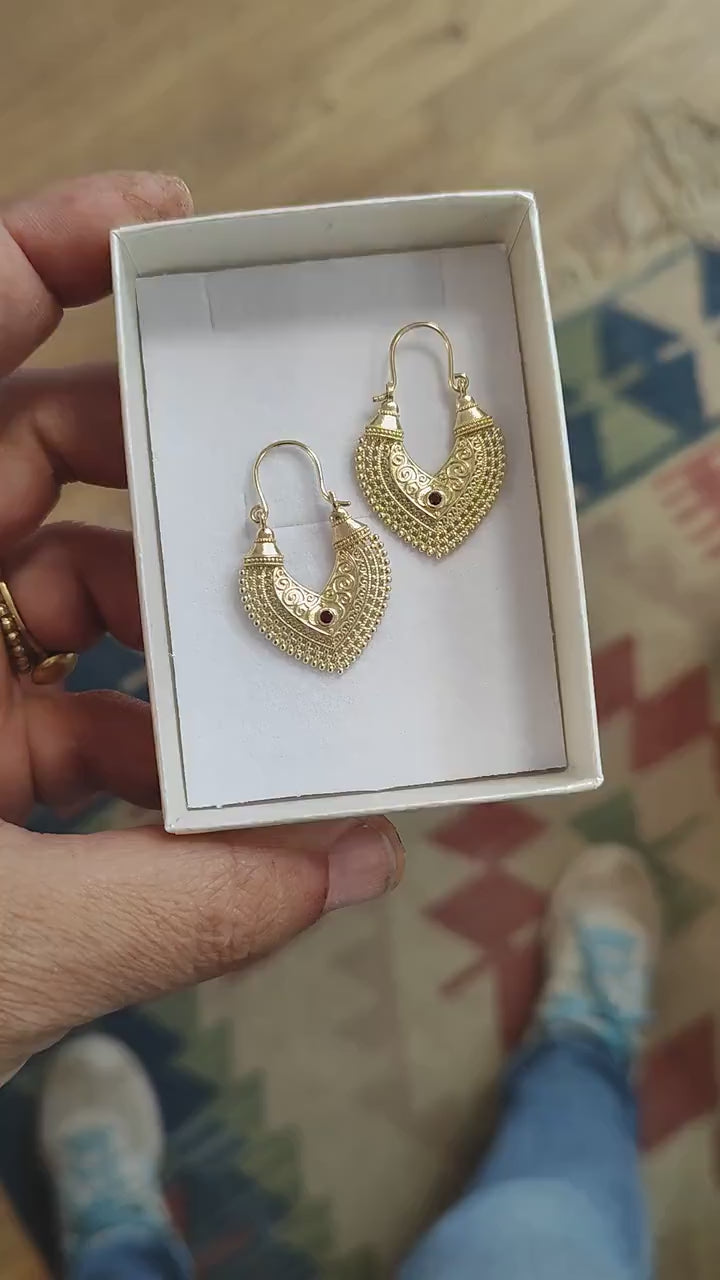 Gold Bridal Earrings | 14K Gold Ruby Dangles | Ornate Indian Style
