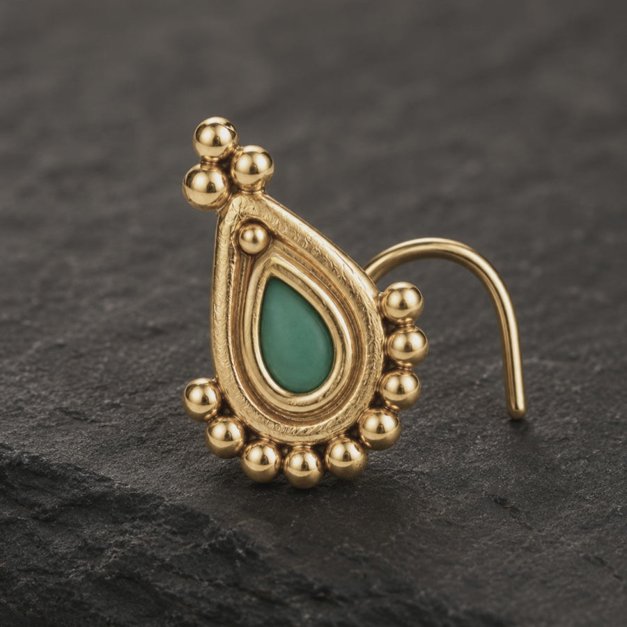 14k Yellow Gold Nose Stud - Indian Style Enamel Accent Screw Back Jewelry