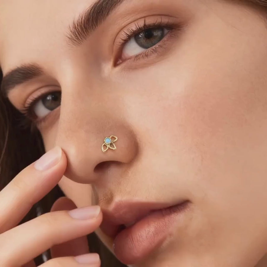 Flower Nose Stud - Solid 14K Gold Nose Ring with Black Enamel Accent