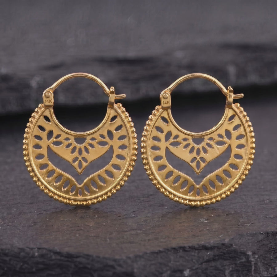 Solid 14k Gold Mandala Hoop Earrings — Boho Filigree