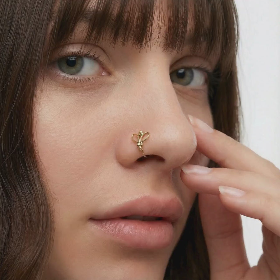 14k Gold Nose Ring - Dainty Butterfly Nose Hoop | Handmade Yellow Gold Piercing Jewelry