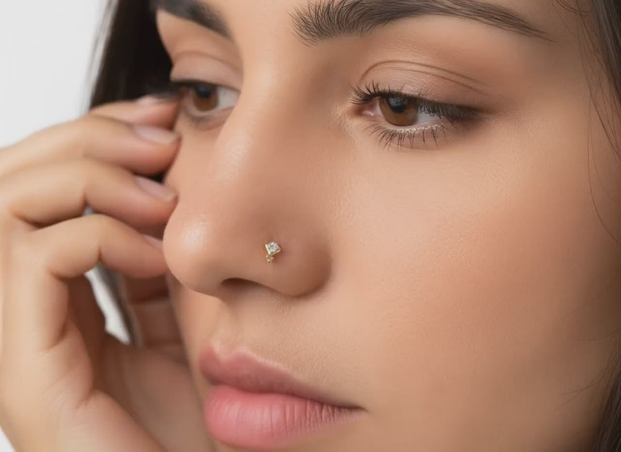Diamond Nose Stud - Small 14k Gold Square | Dainty Indian Style Jewelry
