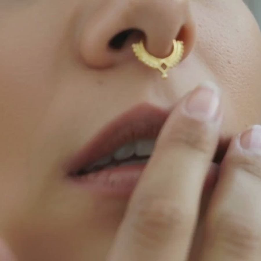 White Gold Septum Ring - 14k Solid Gold Beaded Dainty Tribal Jewelry Hoop