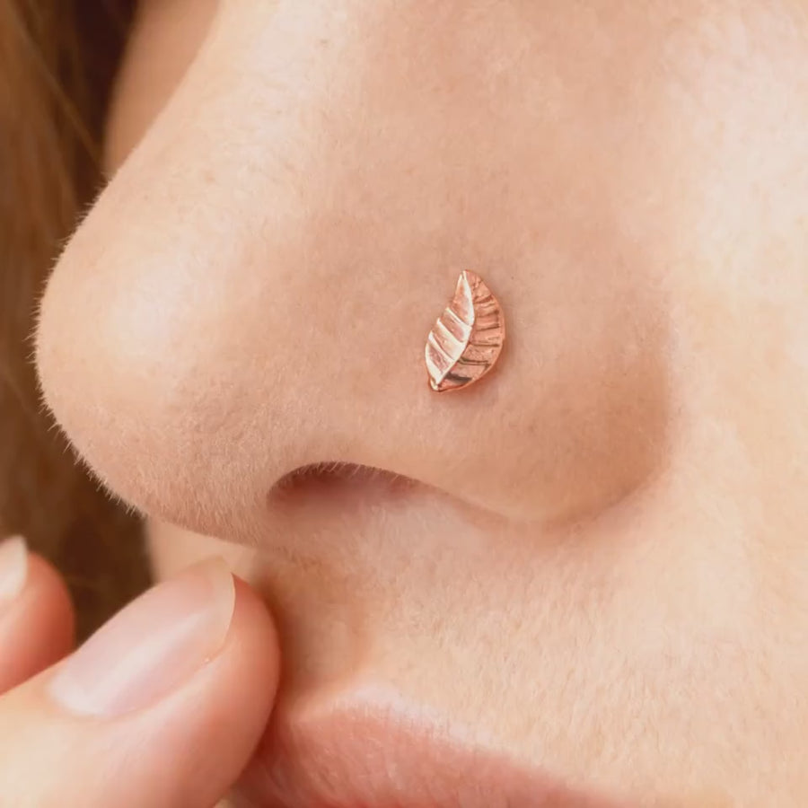 14k Gold Nose Stud – Solid Gold Leaf Jewelry With Corkscrew Back Design
