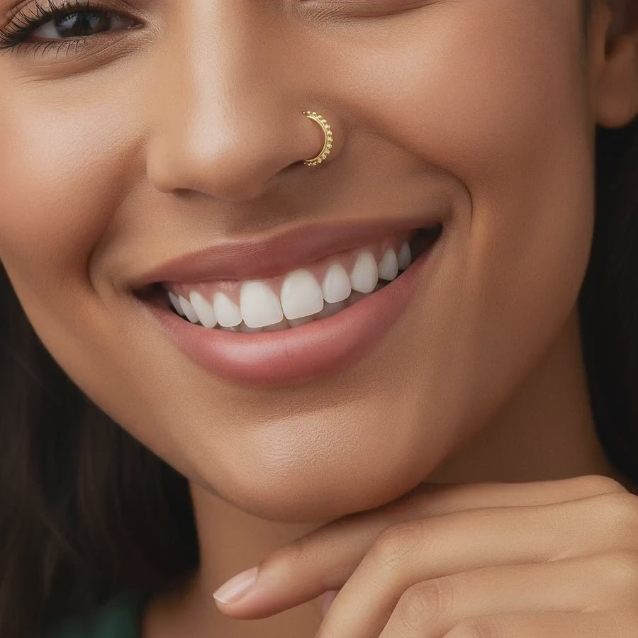14k Gold Nose Hoop - Indian Beaded Nostril Ring Solid Gold Piercing Jewelry