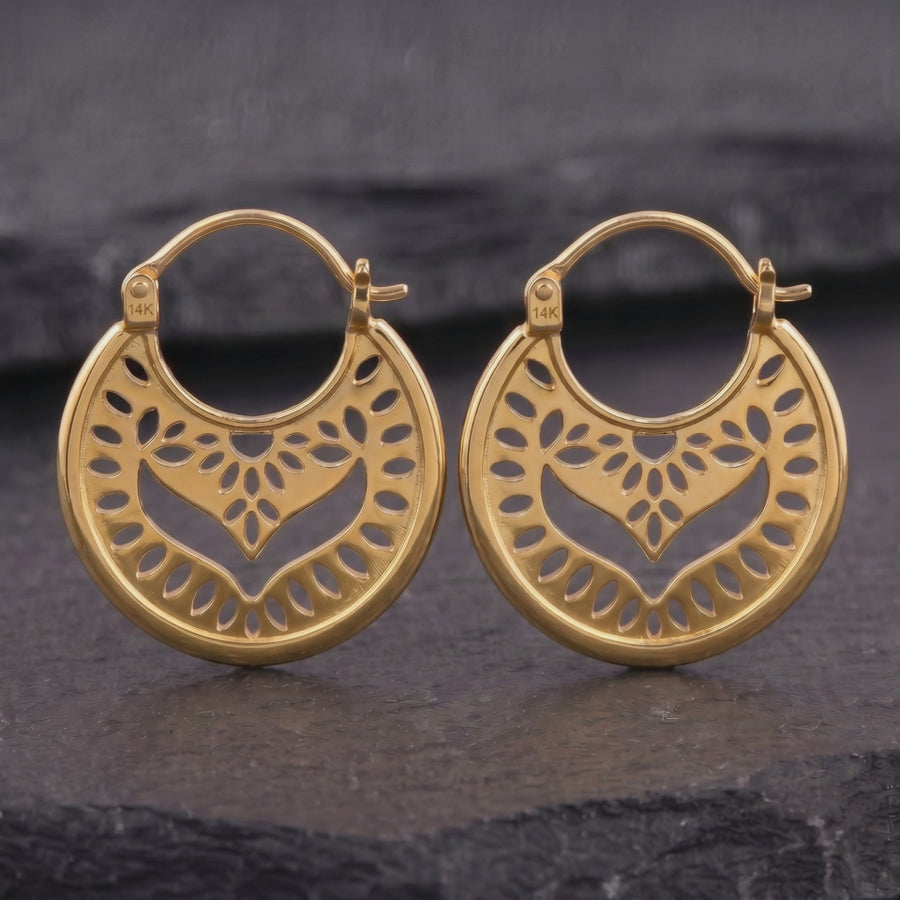 Solid 14k Gold Mandala Hoop Earrings — Boho Filigree Statement