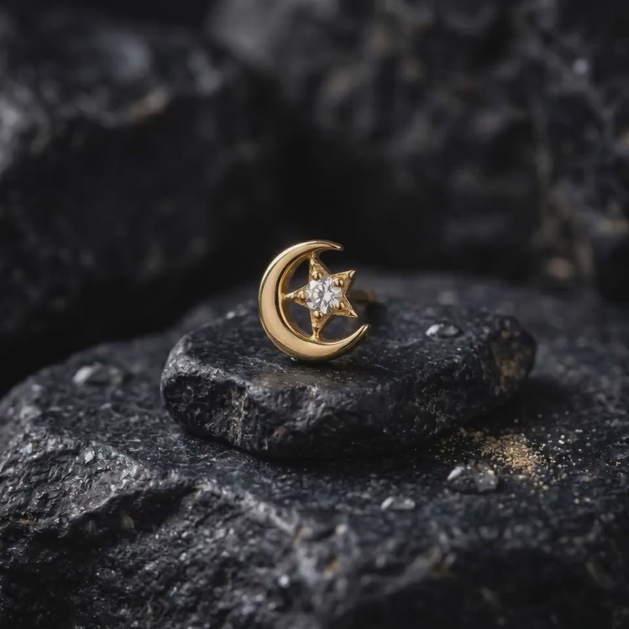 Crescent and Star Diamond Nose Stud · Solid Gold Islamic Jewelry