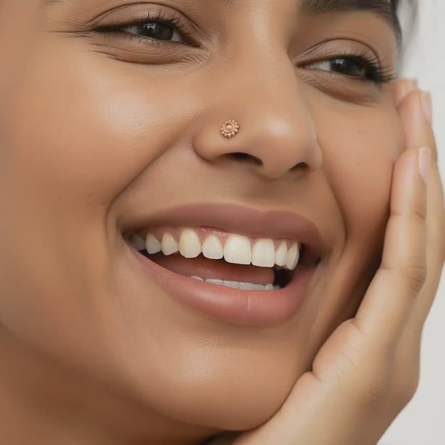 Rose Gold Nose Stud – Handcrafted 14K Solid Gold Tribal Sun Design Stud