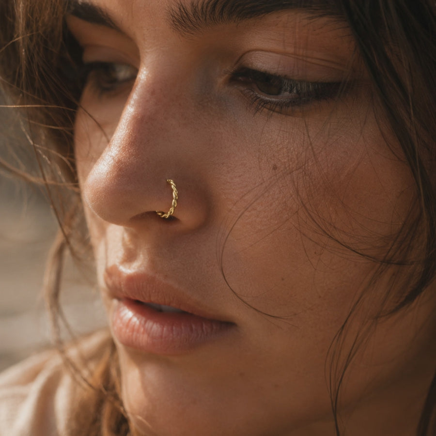 Solid Gold Nose Ring – Braided 14k Yellow Gold Small Hoop, Handmade Jewelry