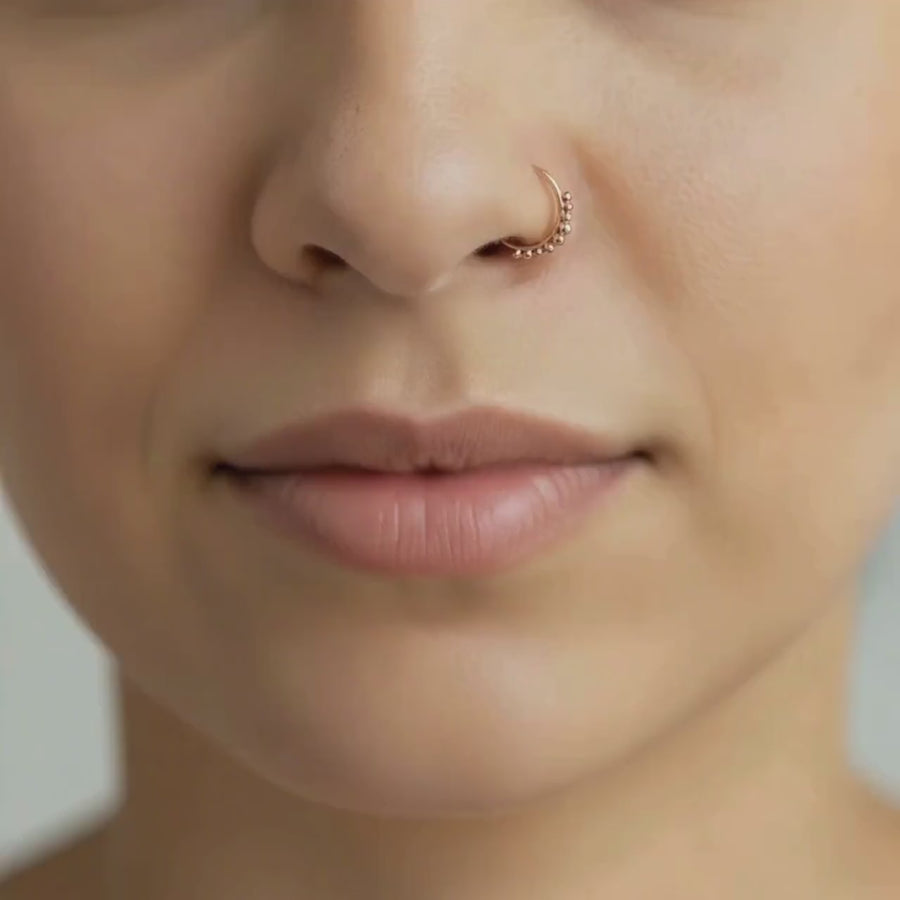 Rose Gold Nose Hoop - 14k Solid Gold Beaded Nostril Ring With Tribal Style