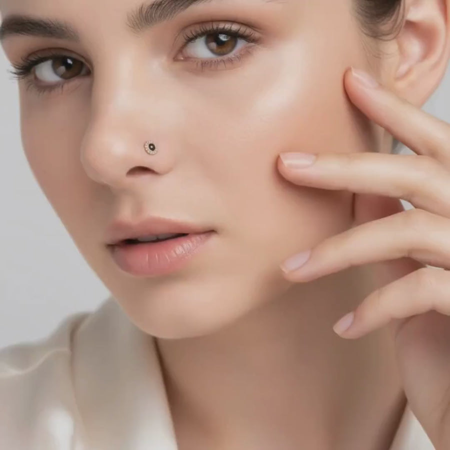 14K Rose Gold Nose Stud – Tribal Nose Jewelry with Black Enamel Stud, Secure Screw Back