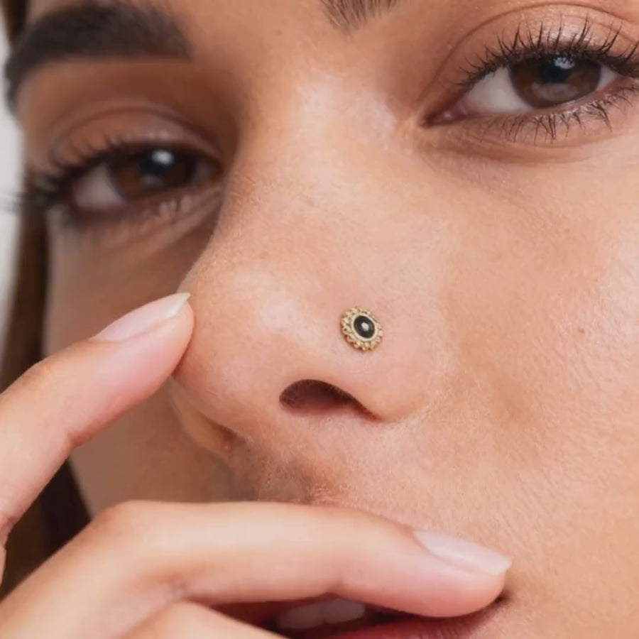 14K Gold Nose Stud – Tribal Nose Jewelry with Black Enamel & Secure Screw Back